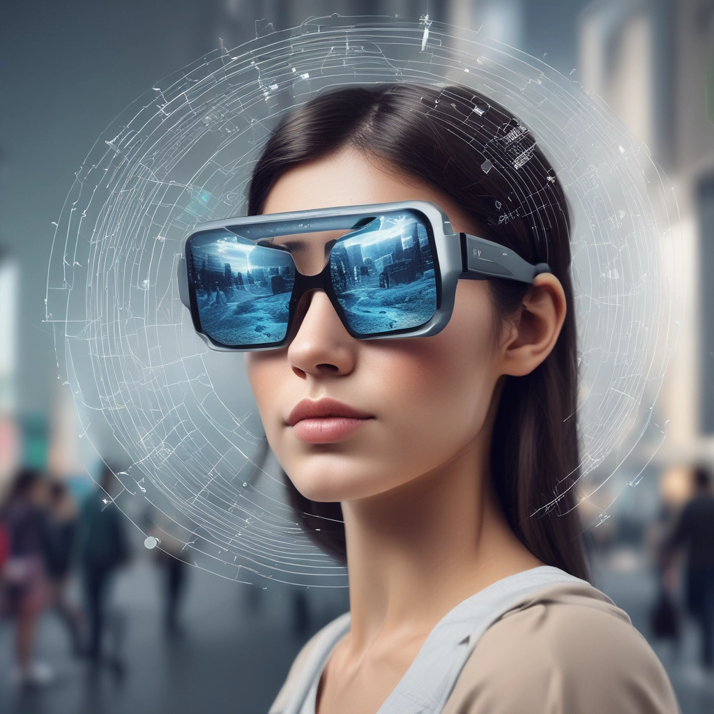 A stylized figure wearing a blue suit and a virtual reality headset with the text 'WORKING...' displayed on it stands confidently. The background is a blurred modern office setting, possibly a conference room with large windows and natural light.