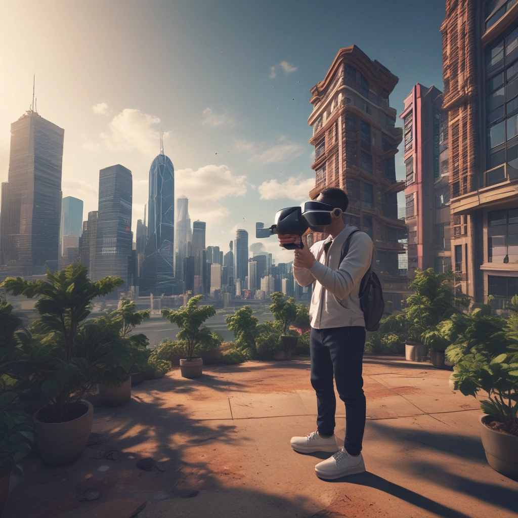 A person is wearing a virtual reality headset and holding a device with a circular light feature. The setting appears to be a dimly lit technological or industrial environment, with exposed metal beams and soft lighting.